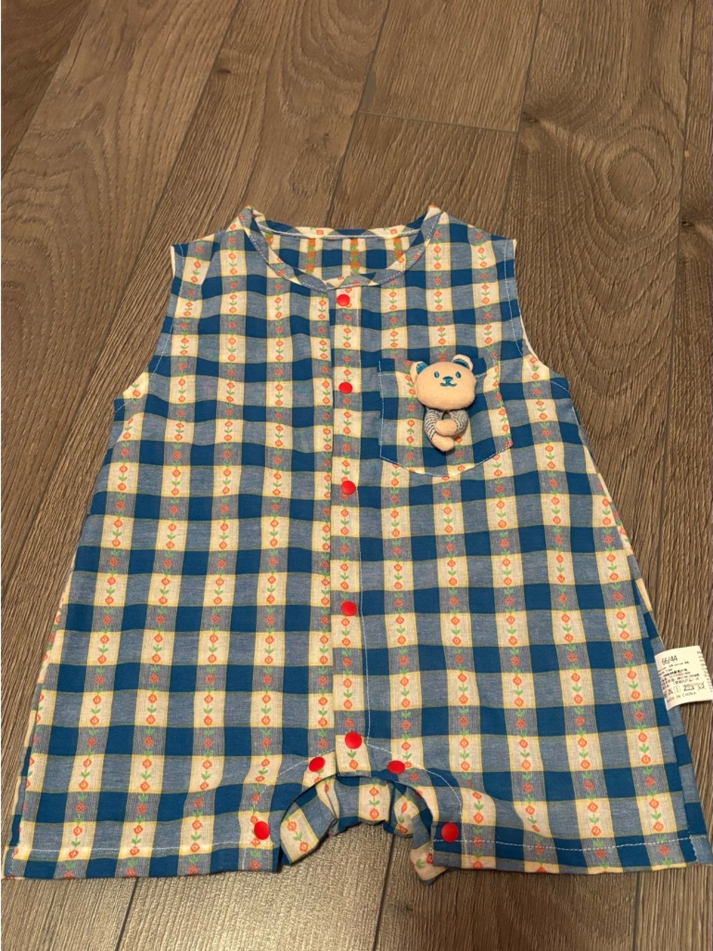 Blue Plaid Kids Romper with Bear Accent
